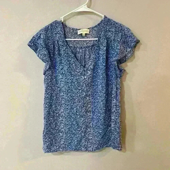 Cynthia Rowley Blue Floral Short Sleeve Front Button Top Women’s Size Medium - Picture 1 of 4